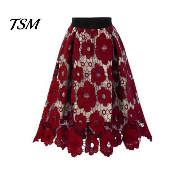 Skirt Women High Elastic Waist Hollow Out Floral Lace A-line Big Comfortable Swing Double-layered Mid-calf Length Lady Commute Party Midi Waistband 2XL красный
