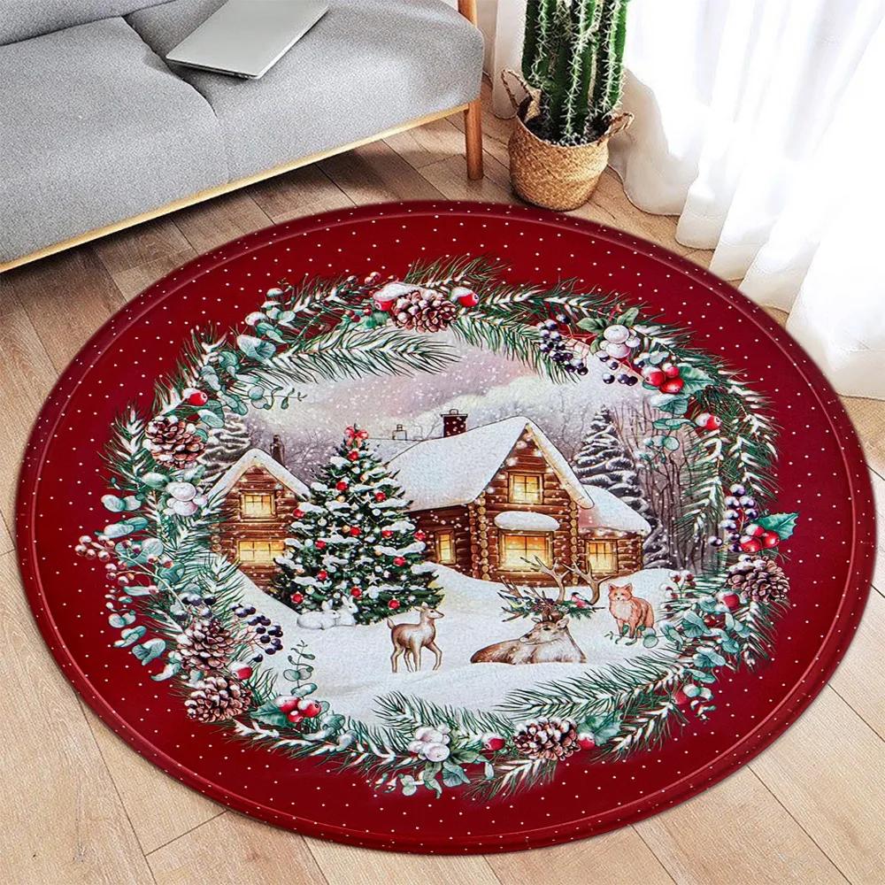 

Festive Christmas Round Rug with Tree Elk Snowman Design – Cozy Washable Floor Mat for Living Room & Bedroom 60cm