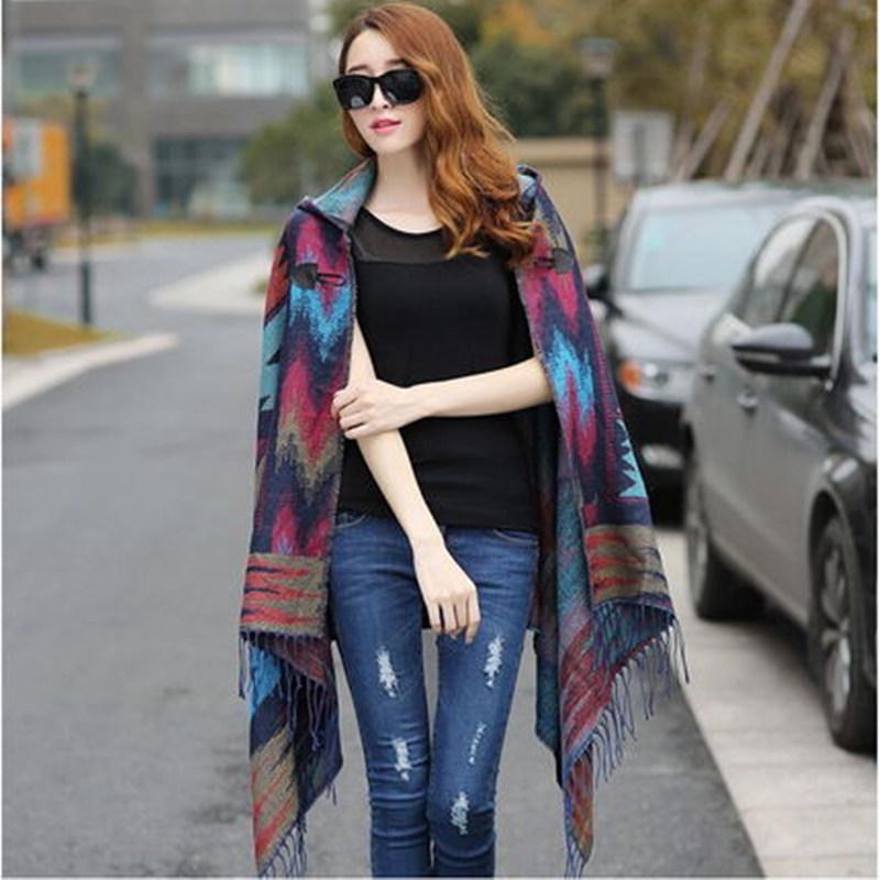 Bohemian Ethnic Toggle Hooded Cape Shawl - Thick Warm Imitation Cashmere for Women