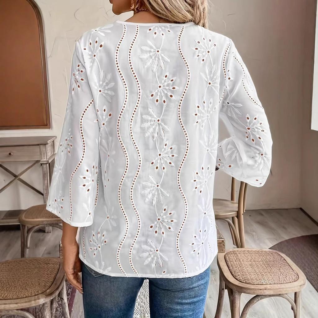 Damen Boho V-Ausschnitt Lochstickerei 3/4 Ärmel Bluse Locker Lässig Urlaubs Oberteil