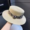 French New Beach Hat Children Summer Sunscreen Sunshade Strap Striped Flat Top Hat Seaside Travel Straw Straw Hat