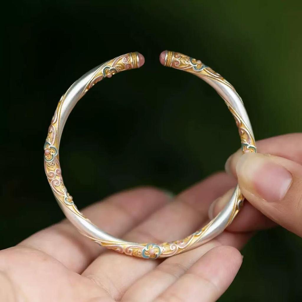 Women's Ethnic Sterling Silver 9999 Bracelet with Gold Inlay, Enamel Blooms, & Four-Leaf Clover Design