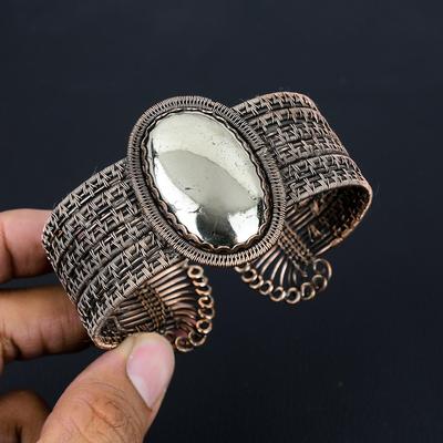 Goldener Apache-Pyrit-Edelstein, reiner Kupferdraht, umwickelt, handgefertigter Armreif/Armreif, verstellbarer Schmuck