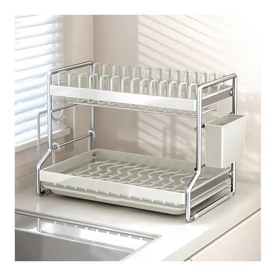 2-Tier Large Capacity Dish Drying Rack with Drainboard, Heavy Duty Carbon Steel Dish Rack with Chopstick Holder & Cutting Board Rack, Rustproof &