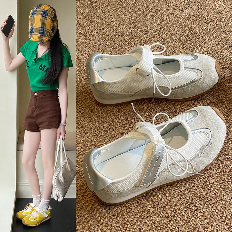 

2025 summer new soft leather flat bottom hollow strap Velcro retro versatile Mary Jane shoes ballet shoes women 40 бежевый