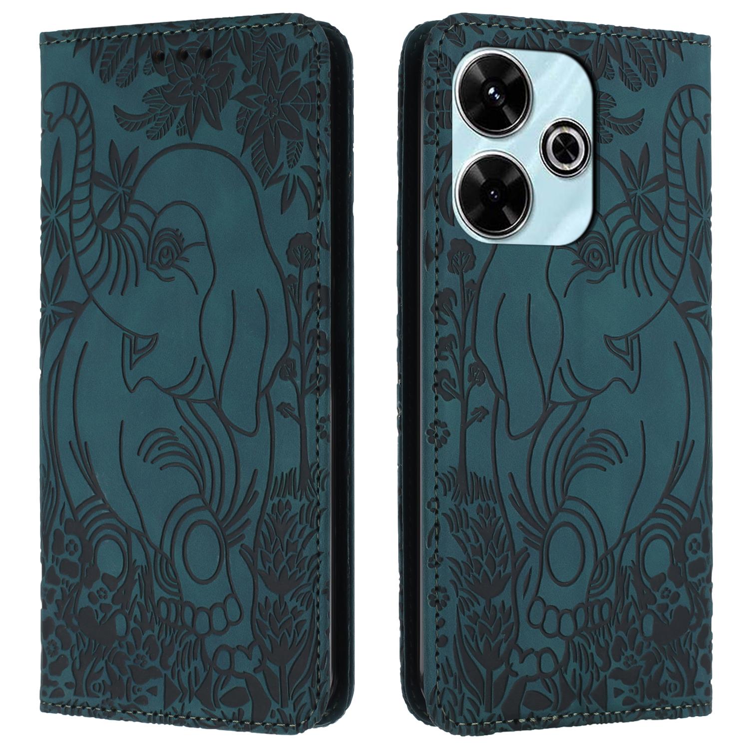 

For Xiaomi Redmi 13 5G/13 4G Case PU Leather Wallet Phone Cover Elephant Pattern Green