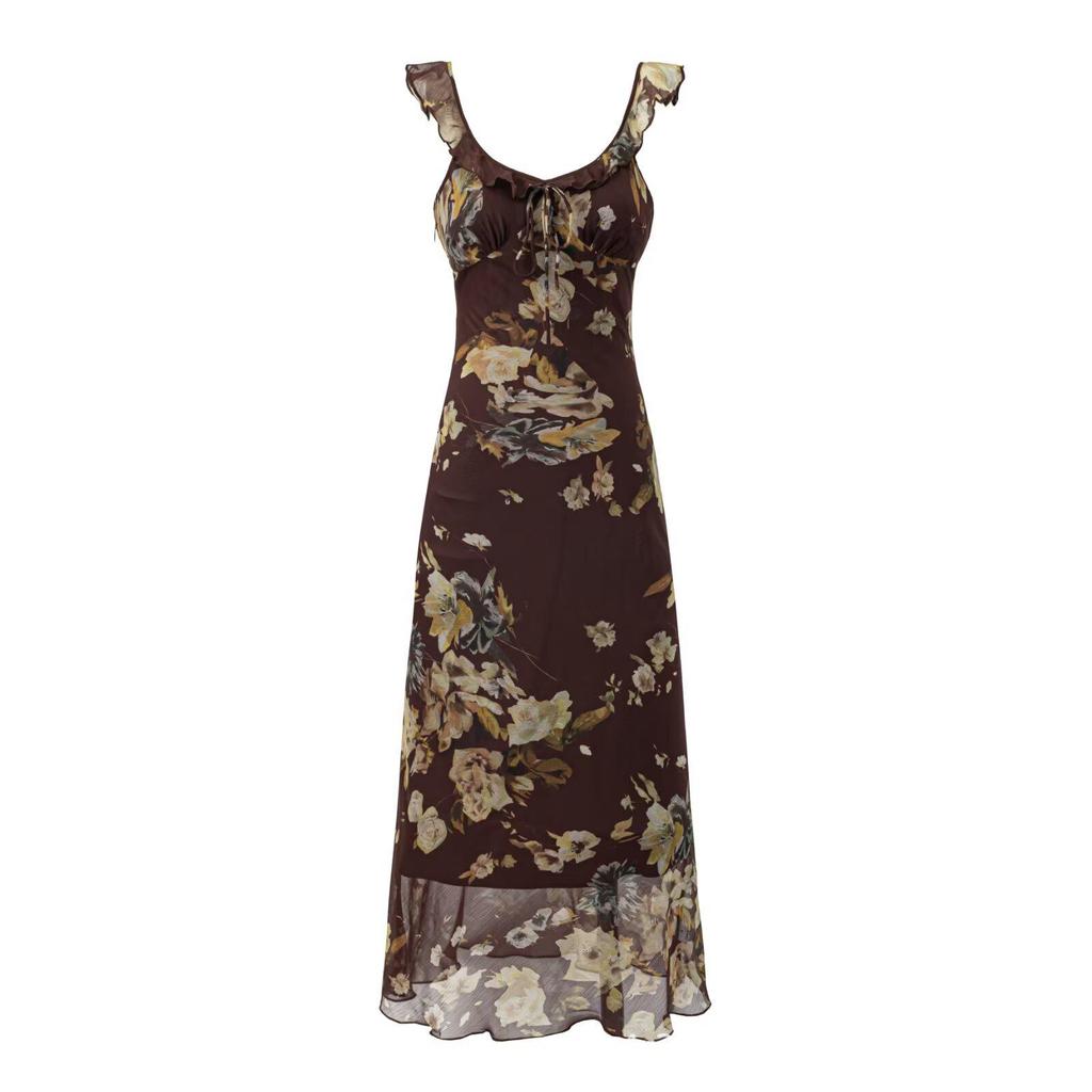 2026 French Retro V-Neck Floral Camisole Dress for Spring Beach Holidays