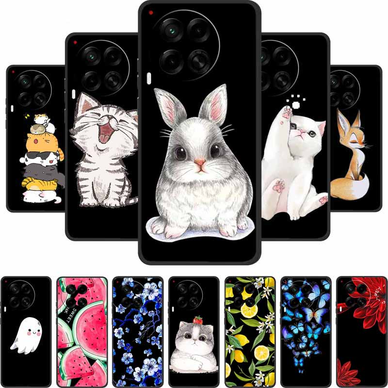 Black Silicone Case For Tecno Camon 30 Premier Pro Case Cartoon Cat Soft Back Cover Case For Tecno Camon 30 S 30S Pro Phone Case
