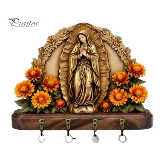 Spiritual Key Holder 2D Flat Virgin Mary Wall Farmhouse Religious Art with Hook Symbol 4 Metal Hooks for Entryway Hallway Rustic Christian Gifts