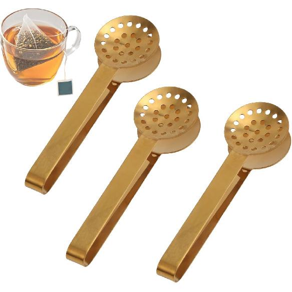 3pcs Tea Bag Squeezer Tongs, Stainless Steel Strainer Spoons Teabag Clips Tool Practical Strainer Tea Accessories (Black, Gold, Silver) золотой