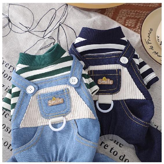 Pet clothes can lead dogs Classic striped denim overalls Autumn and winter models dog costume