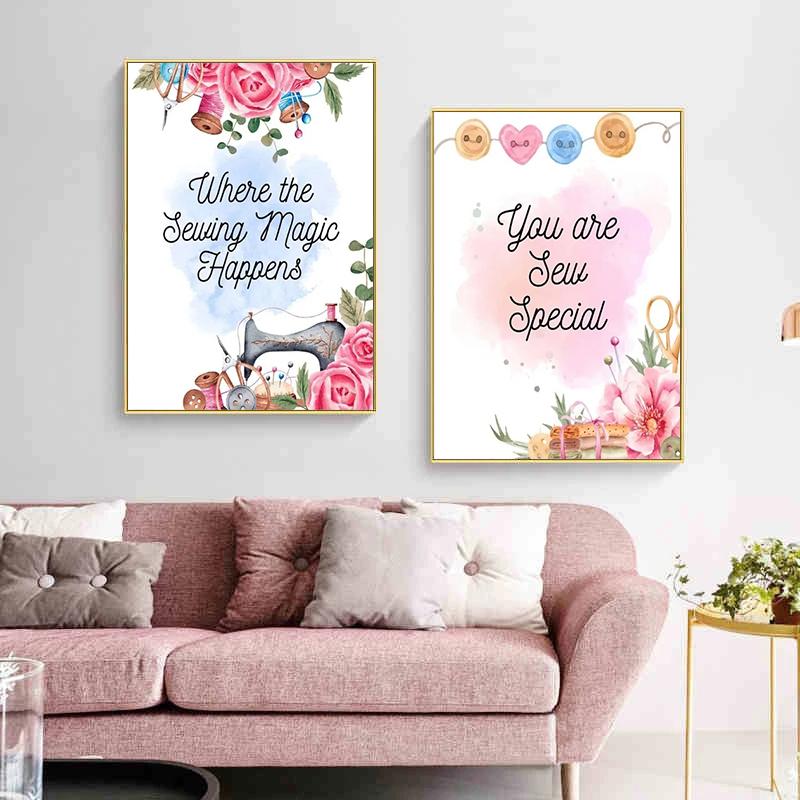Maszyna do szycia Igła Nici Nożyczki Piękne plakaty i wydruki do szycia Sztuka ścienna Malowanie na płótnie Obrazy do wystroju pokoju rzemieślniczego