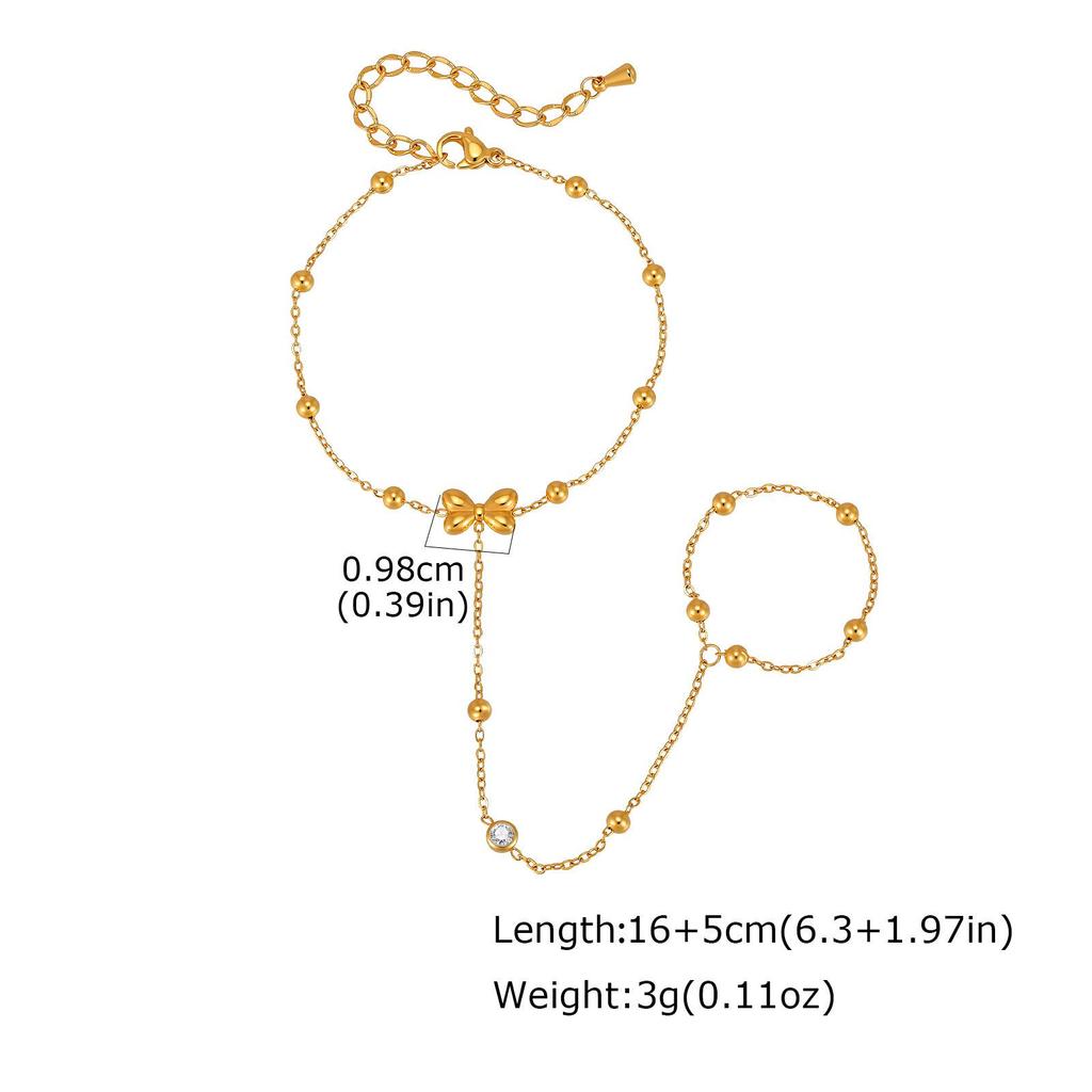 18K Gold Beaded Adjustable Double Layer Stainless Steel Finger Chain Bracelet for Women