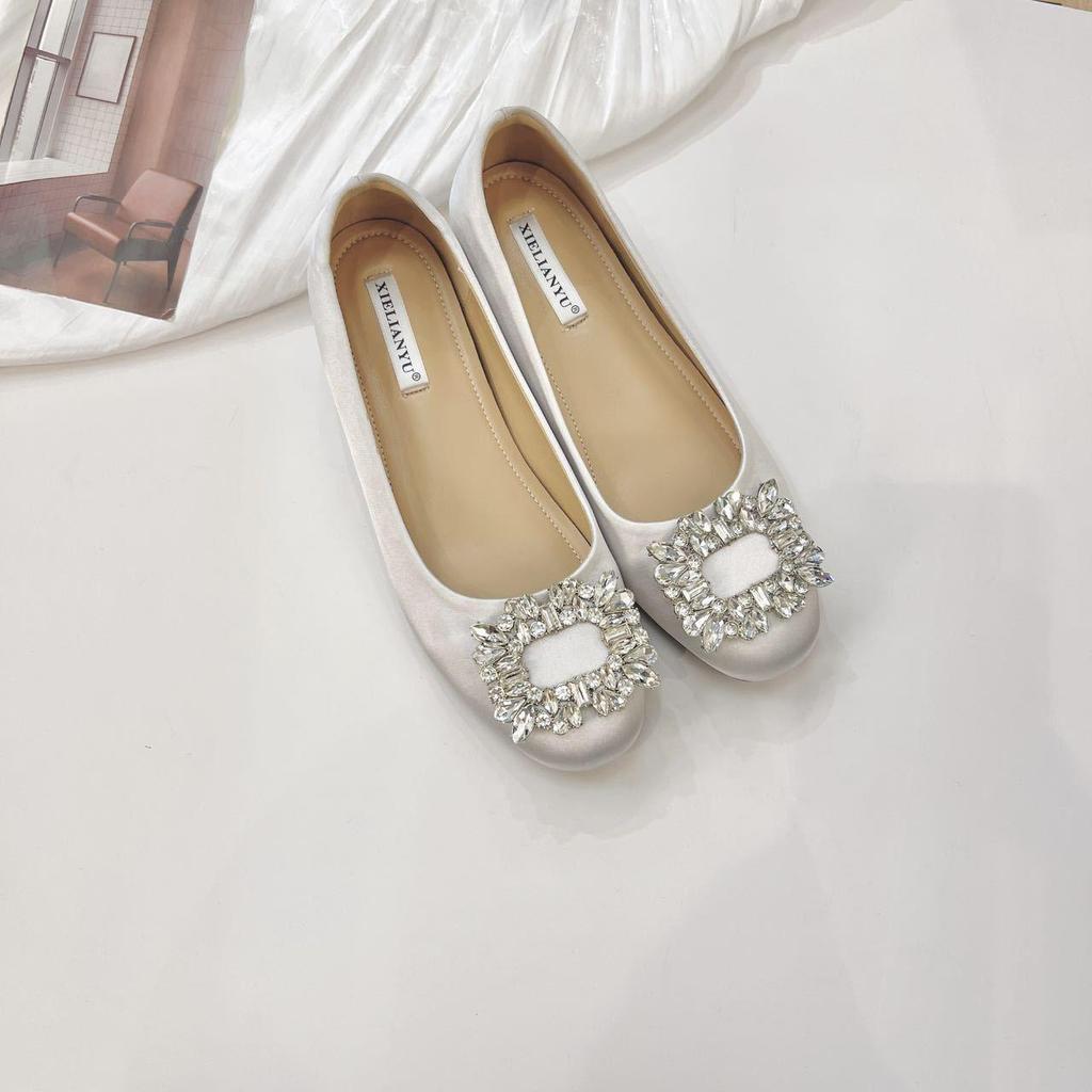 Elegant Spring & Autumn Rhinestone Buckle Square Toe Satin Flats for Women