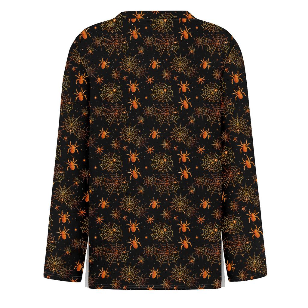 Women's Fashion Hem Slit Casual Halloween Printed Round Neck Long Sleeve Top