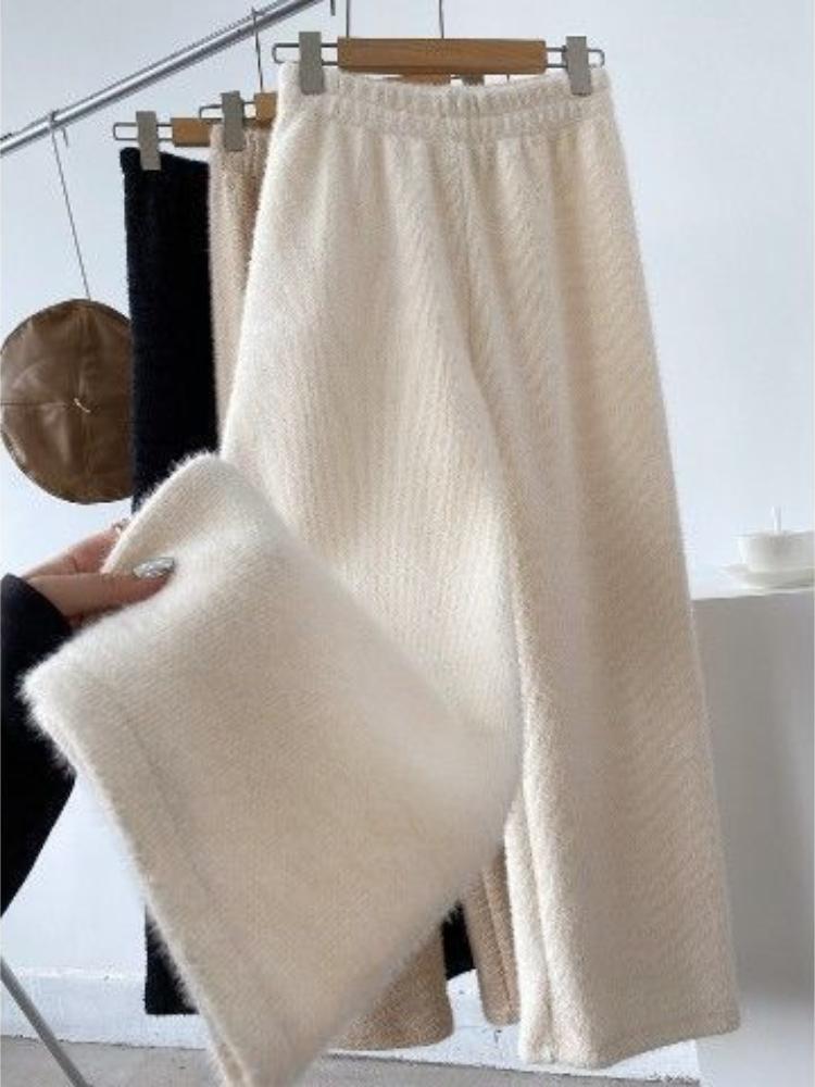 Nové zimní tlusté vintage elastické kalhoty v pase rovné dámské All Match norkový samet Tenké široké nohavice volné kalhoty ženy ležérní oblečení