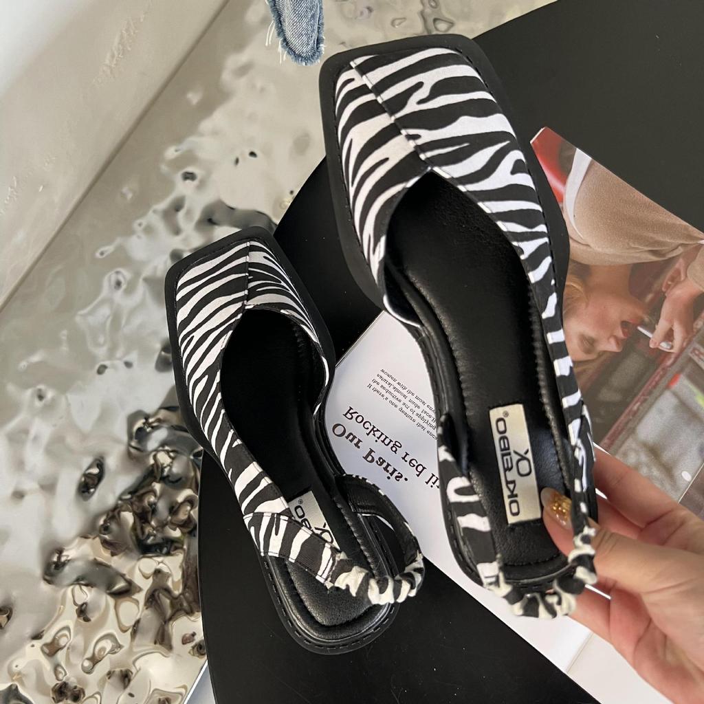 Fashion square toe leather patchwork mules sandals women elastic band back strap gladiator sandalias mujer 2025 stripe zebra sandales