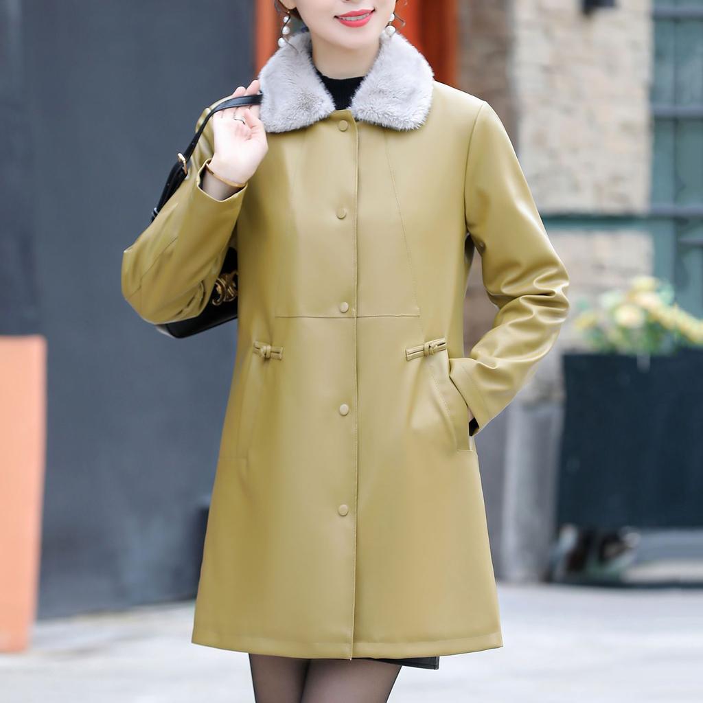 Damskie futro z grubym aksamitem na zimę, skórzana kurtka wiatrówka o średniej do długiej długości