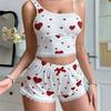 Women's Lace Trim Cami Pajama Set 2 Piece Ribbed Crop Top And Shorts Pjs Sets Heart Print Summer Casual Sleepwear