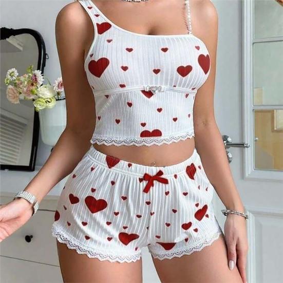 Women's Lace Trim Cami Pajama Set 2 Piece Ribbed Crop Top And Shorts Pjs Sets Heart Print Summer Casual Sleepwear