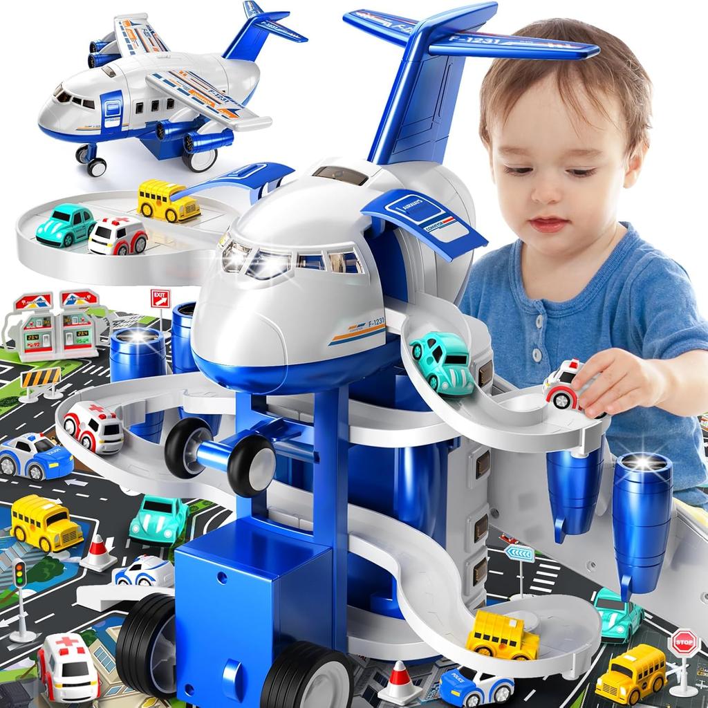 Kids Airplane Toy Racing Tracks Toy for Kids 3 4 5 6 7 Boys - Toy Airplane Small with 8 Car Toy, Garage Parking Lot, Car Carpet for Kids Playmat,