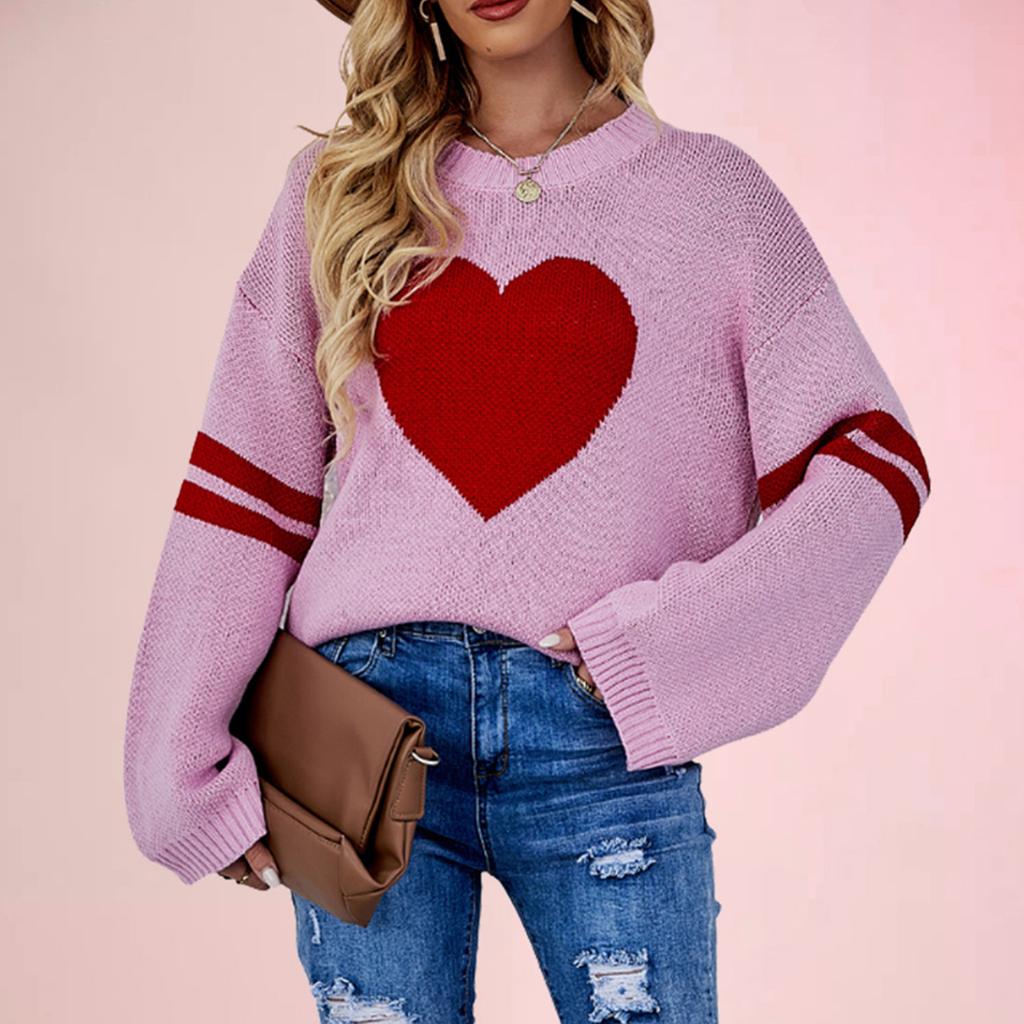 Women's Winter Versatile Long Sleeve Contrast Color Valentine's Day Love Loose Knitted Round Neck Pullover Sweater