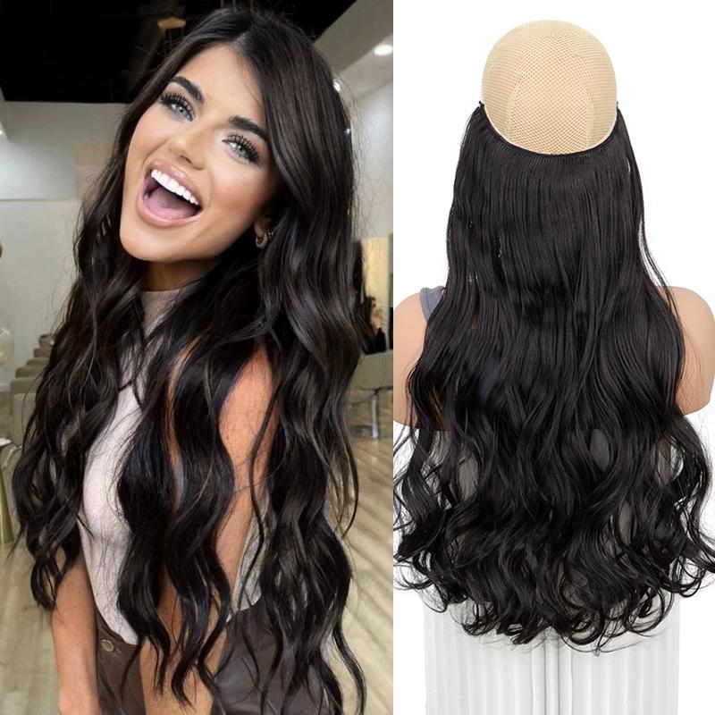 Invisible Wire Hair Extensions 22 Inch Halo Hair Extension Long Wavy Synthetic Hairpiece with Transparent Wire Adjustable Size Clips for Women