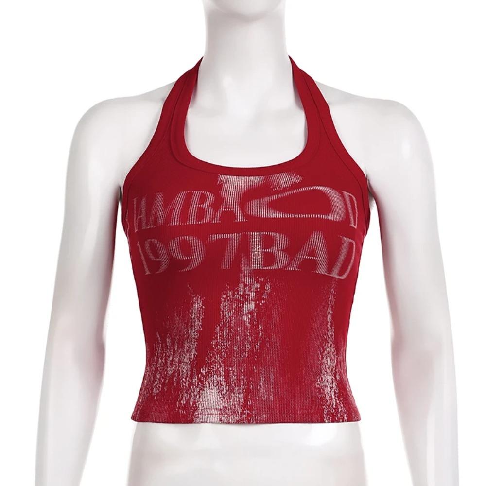 Retro Monogrammed Choker Vest Polyester Hanging Neck High Street Crop Tops Knit Tank Top Open Back Sexy Backless Red Top Women