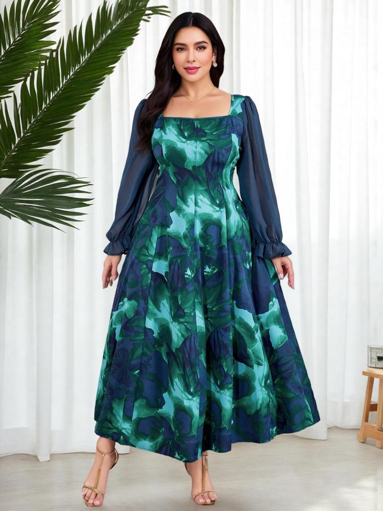 Dubaj Elegancka Islamska Sukienka Szyfonowa z Długim Rękawem Plus Size - Wieczorowa z Nadrukiem Podkreślająca Talie