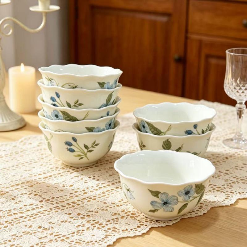 Japanese Ceramic Bluebell Lace Rice & Soup Bowl - Elegant Tableware