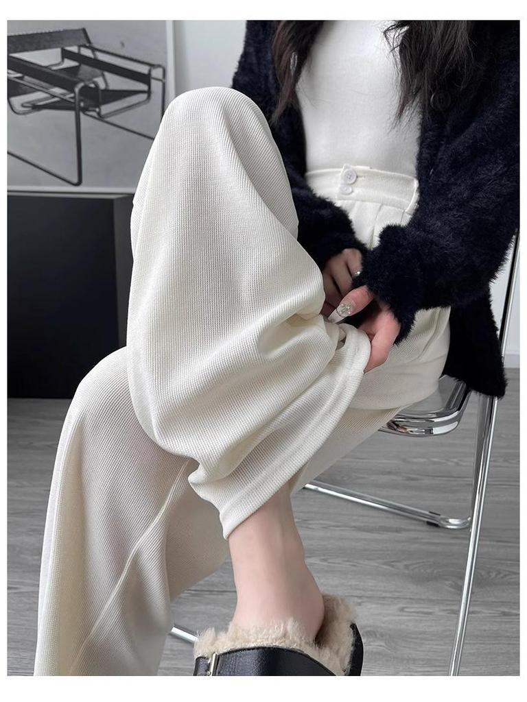 Women's Petite Dark Gray Corduroy Wide-Leg Suit Pants with Fleece Lining for Autumn/Winter