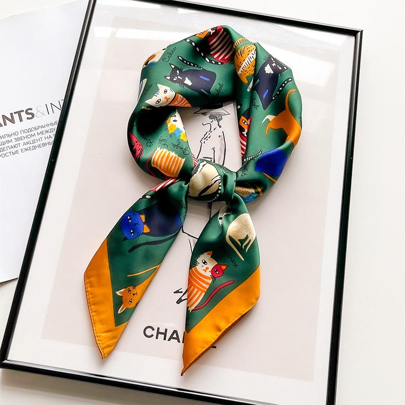

1 шт. 70 см шелковый шарф с рисунком кошки для женщин, имитация шелкового анималистичного рисунка, квадратные шарфы, модный и универсальный платок для головы, шарф