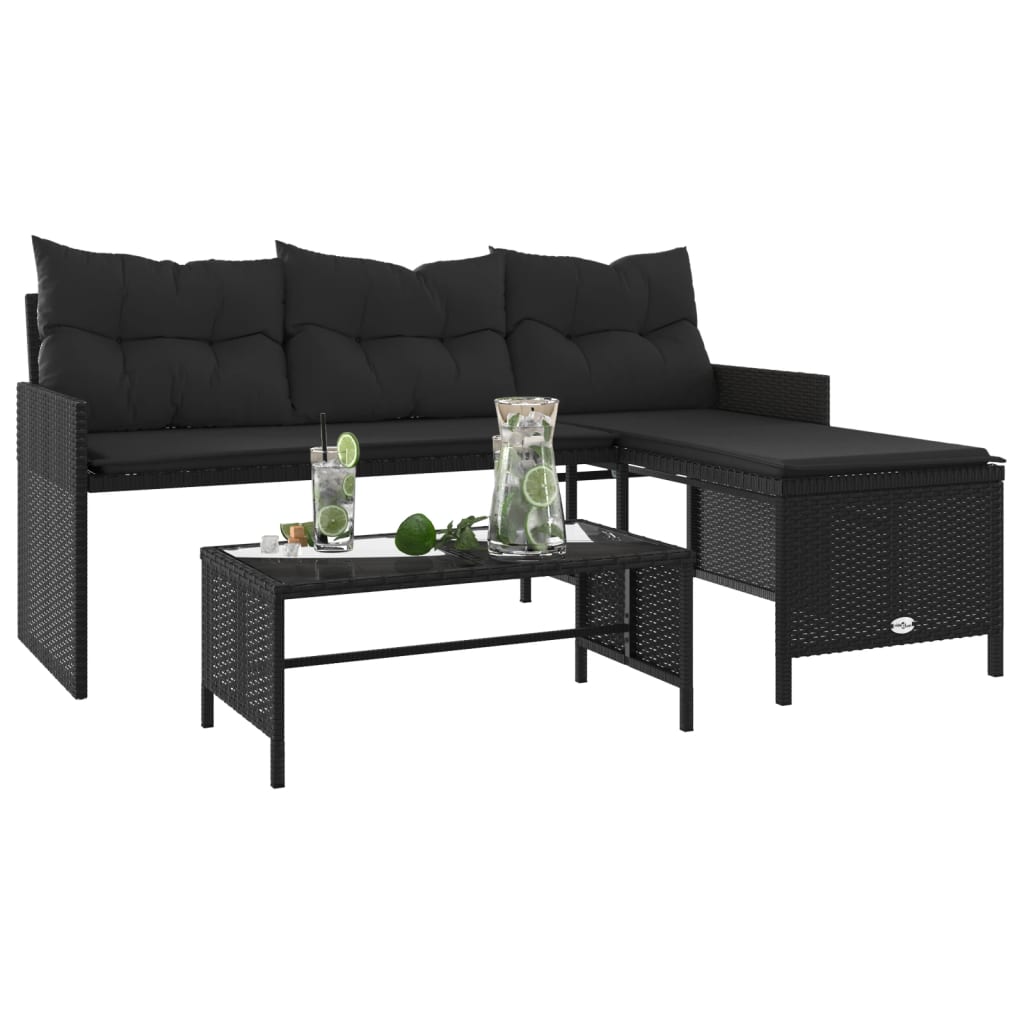 L Shaped Garden Sofa Set with Table and Cushions Black Poly Rattan