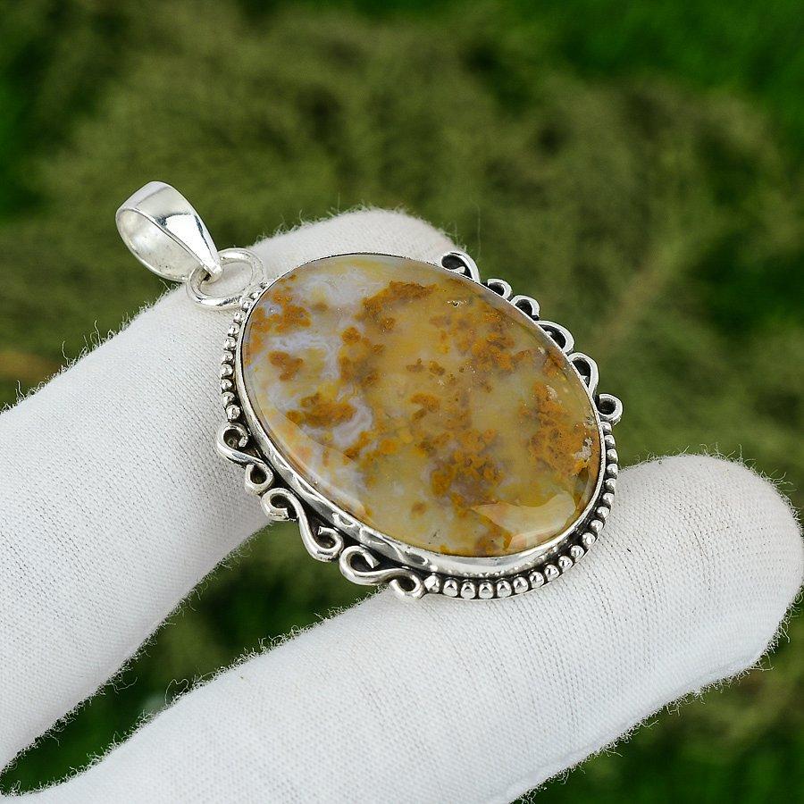 

925 Sterling Silver Oval Natural Polka Dot Agate Bezel Wedding Pendant Jewelry