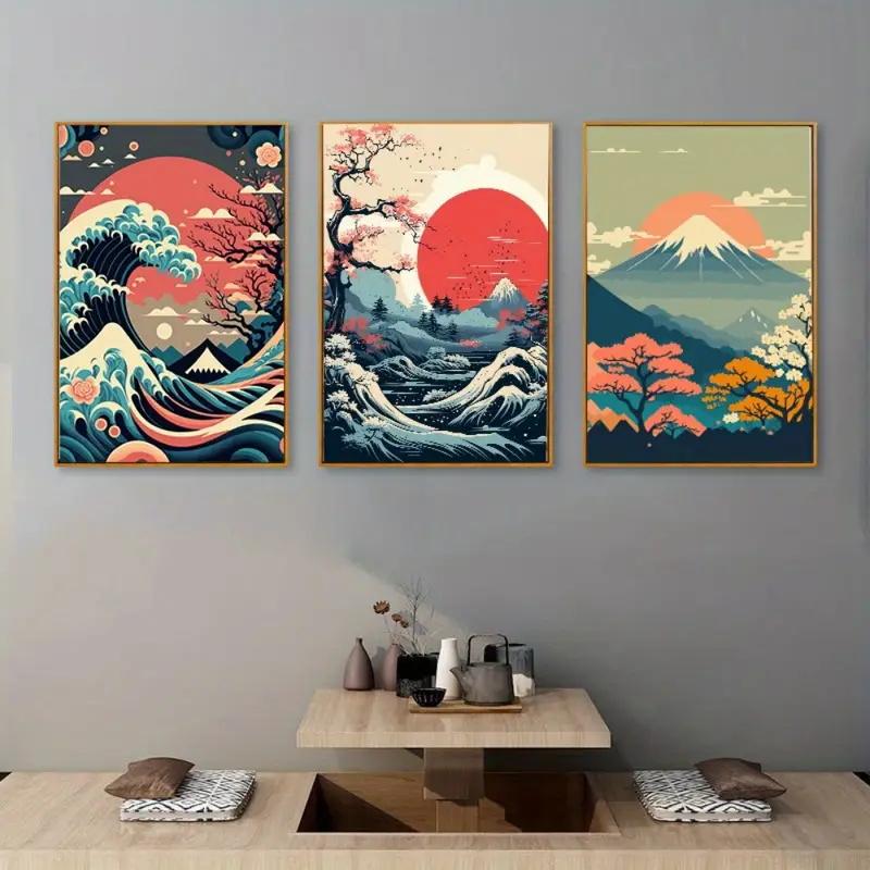 3pcs Canvas Poster Vintage Art Japanese Nature Landscape Wall Art Posters Ideal Gift for Bedroom Living Room Wall Corridor