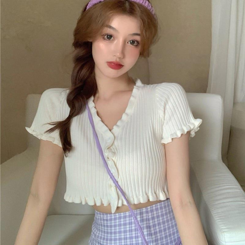 

Женский модный вязаный кардиган с короткими рукавами и v-образным вырезом на пуговицах с рюшами и короткими секциями с открытым пупком, один размер, 6 цветов One Size