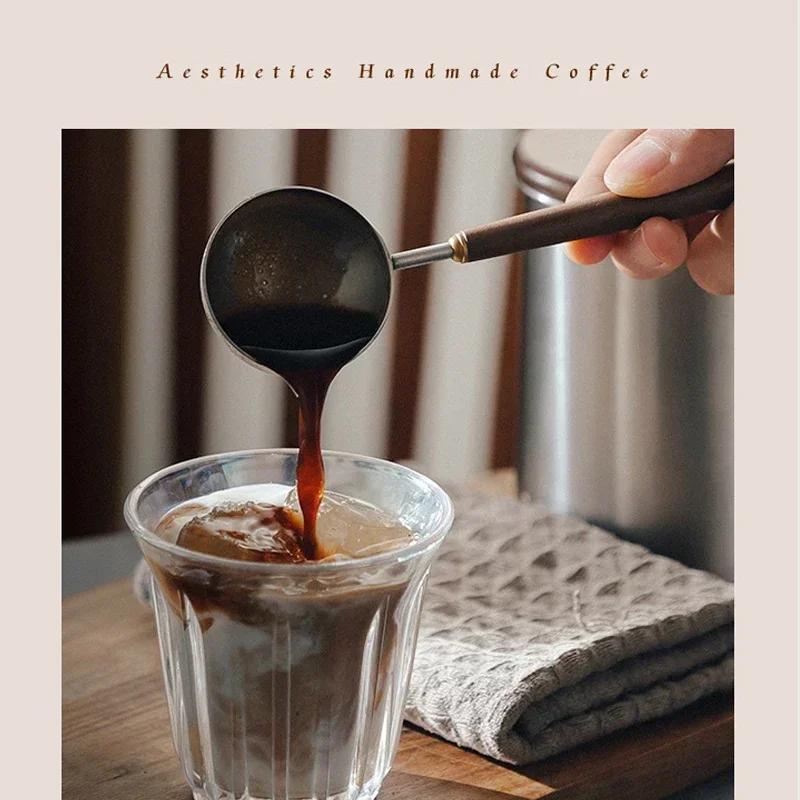 Nueva cuchara medidora de café de acero inoxidable con mango de madera de 25 ml, cuchara medidora de cuchara de café de mango largo de madera de nogal, herramientas de cafetería