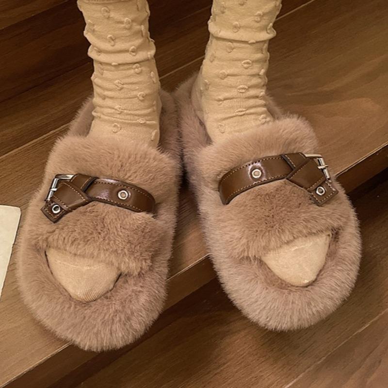 Fashion Flats Fluffy Women Slippers Fashion Buckle Autumn Comfortable Shoes Lady 2025 New Brand Classical Shoes Casual Zapatillas Mujer