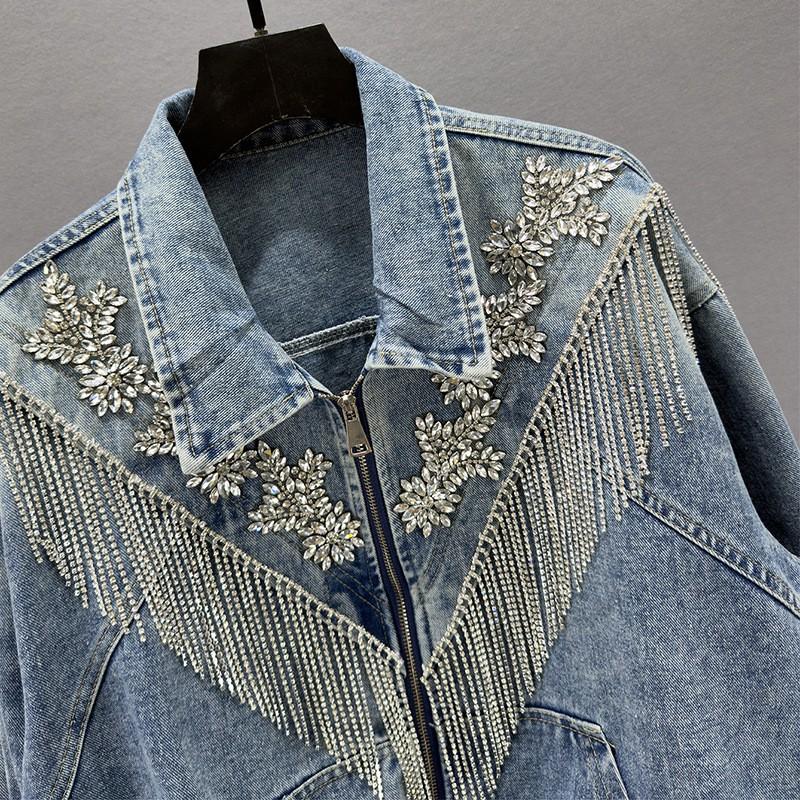 Womens Denim Jacket Rhinestone Tassel 2026 Loose Fit Vintage Distressed Zip Up Streetwear