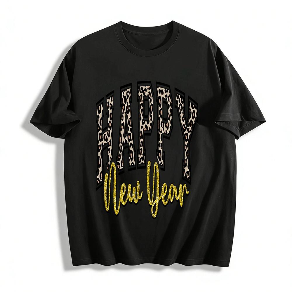 

Happy New Year Leopard Print Casual Top Pure cotton T-shirt XXS