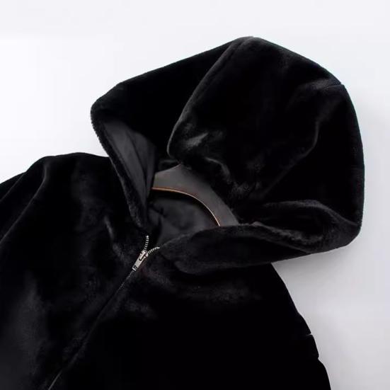 Autumn Winter Lady Cardigan Coat Thickened Plush Hooded Collar Loose Windproof Solid