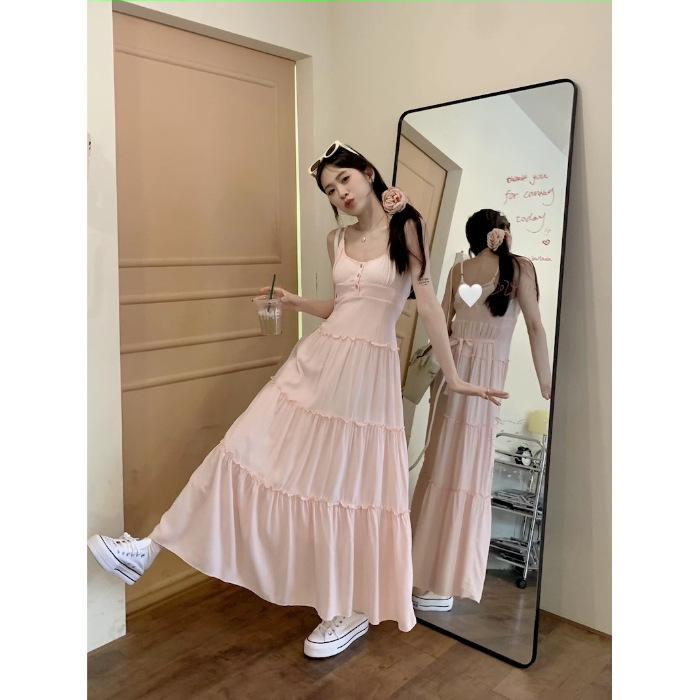 Dress Female French Sweet Celebrity Style Low Cut Square Neck Suspender Skirt Summer New Temperament Dress Big Swing Dress