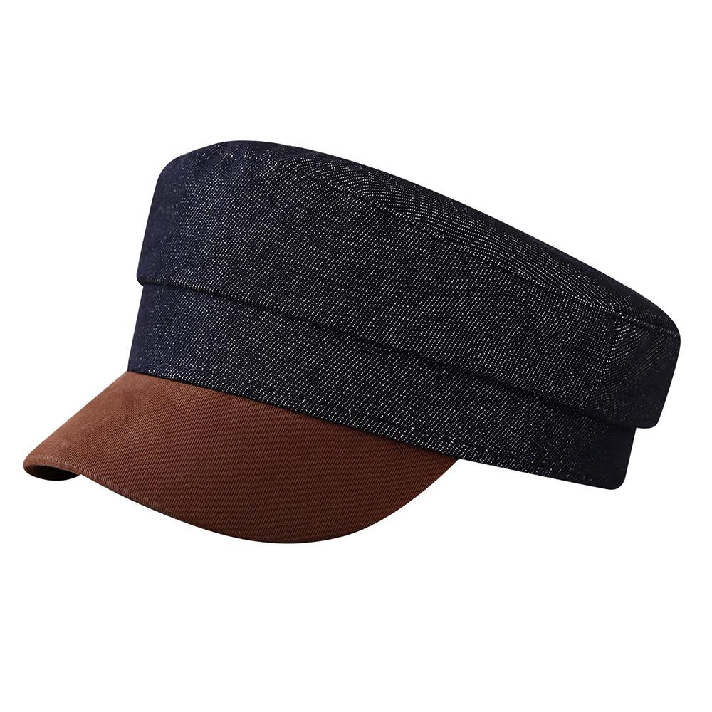 New British retro dark denim flat top hat color matching brim newsboy hat summer women's casual octagonal hat