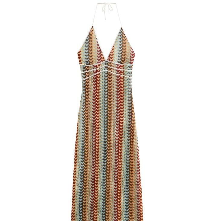 Polyester Wavy Jacquard Pattern V Neck Backless Dress For Summer Party Wear