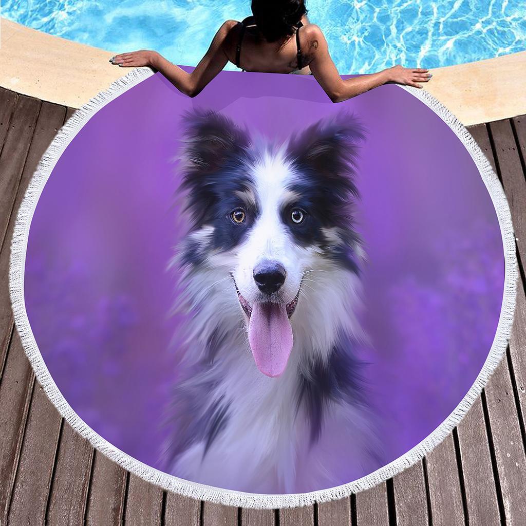 Cute Pet Dog Border Collie Round Beach Towel,Sand Free Beach Blanket Picnic Mat for Bathroom Pool Surf Travel Outdoor Meditation