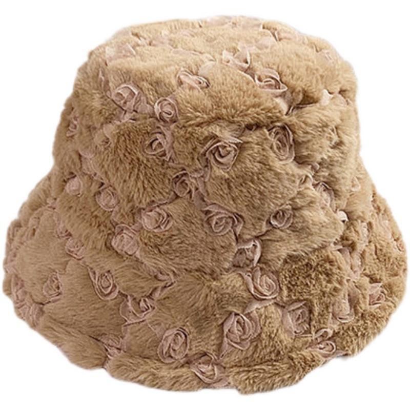 Korean Cute Fluffy Flower Fisherman Hat for Women Japanese Autumn and Winter Casual Versatile Cold Proof and Warm Basin Hat Showing Small Face