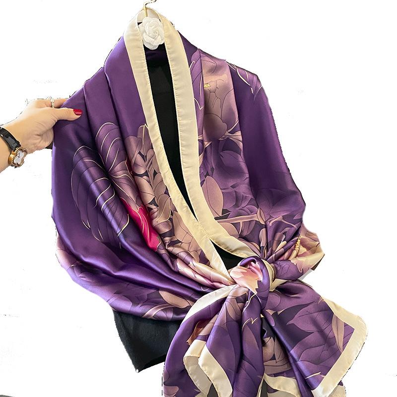 New Style Spring Summer Women Big Flower Print Scarf Ladies Popular Beach Silk Satin Shawl Fashion Headcloth