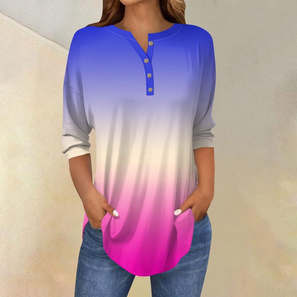 Tee Shirts For Women Fall Casual 3/4 Long Sleeve Button Shirts Sweatshirt Vintage  Top Pullover