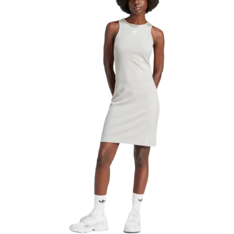 Adidas Originals Essentials Rib Tank Dress Fitted Round Neck Sleeveless Mini Dress Women Dress Light-Grey IR5923