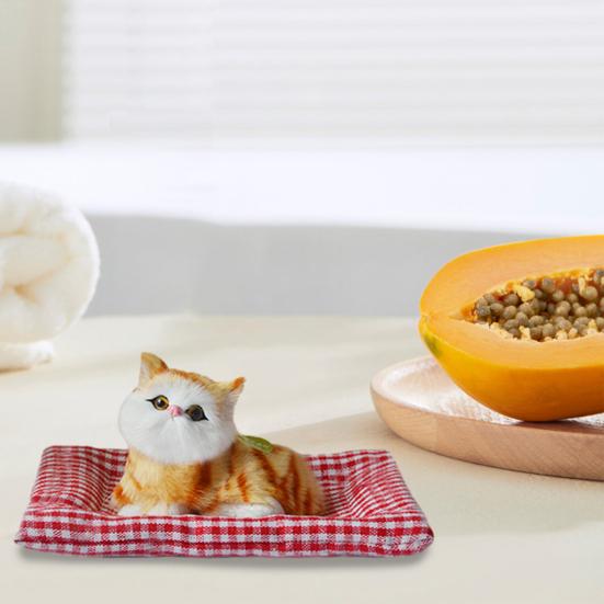 Simulated Cat Toy with Cloth Mat Lifelike Meowing Plush Kitten Model Stuffed Animal Doll Home Office Desktop Decoration Ornament